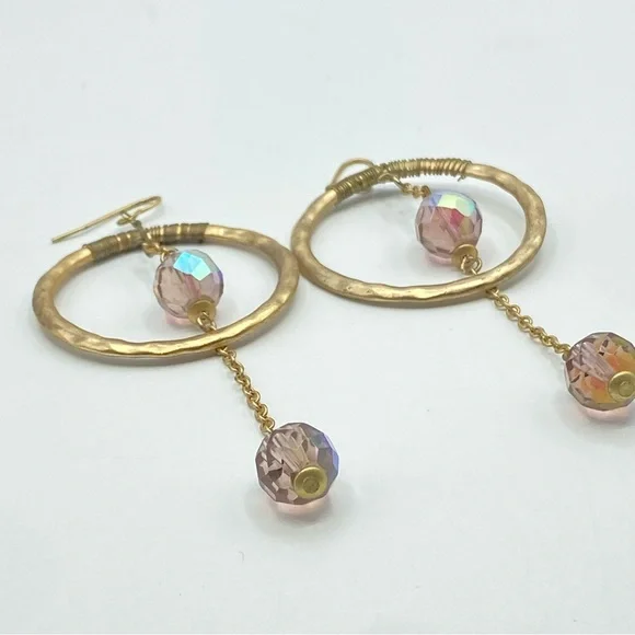 Hammered Gold Tone Hoop Earrings AB Pink Crystal Drop Bohemian Chic Boho Dangle - Picture 3 of 7